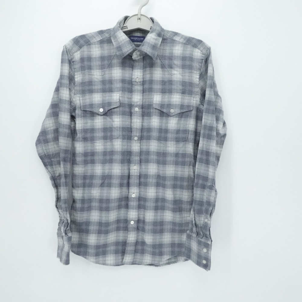 Proper Cloth‎ Shirt Mens Small Gray Plaid Flannel Button Down Pockets Office